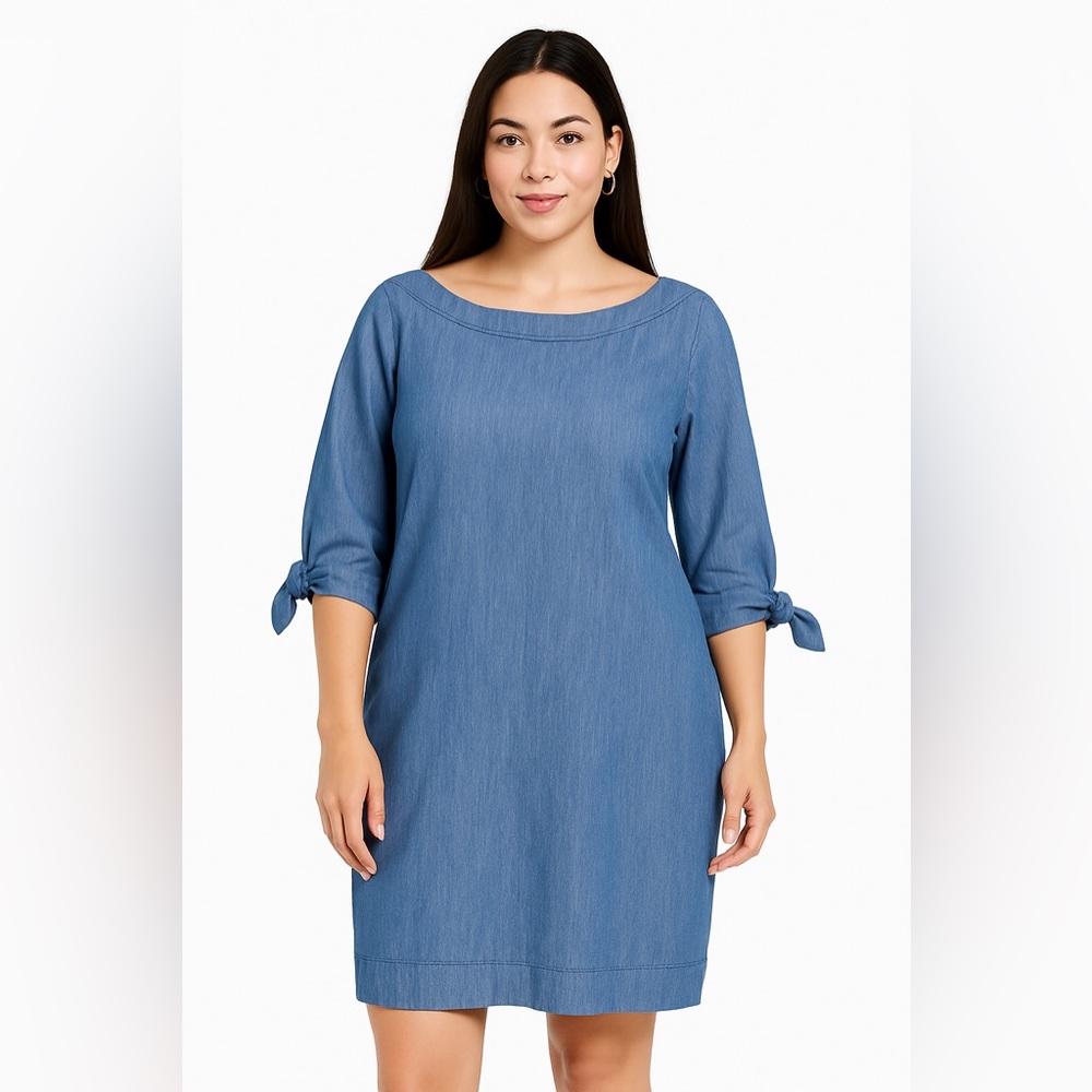 Talbots Chambray Shift Dress Women’s 16 NWT Blue Denim 100% Cotton Tie Sleeve